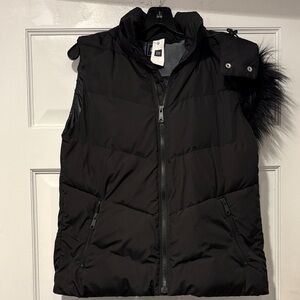GAP Black Puffer Vest with Faux Fur Removable Hood